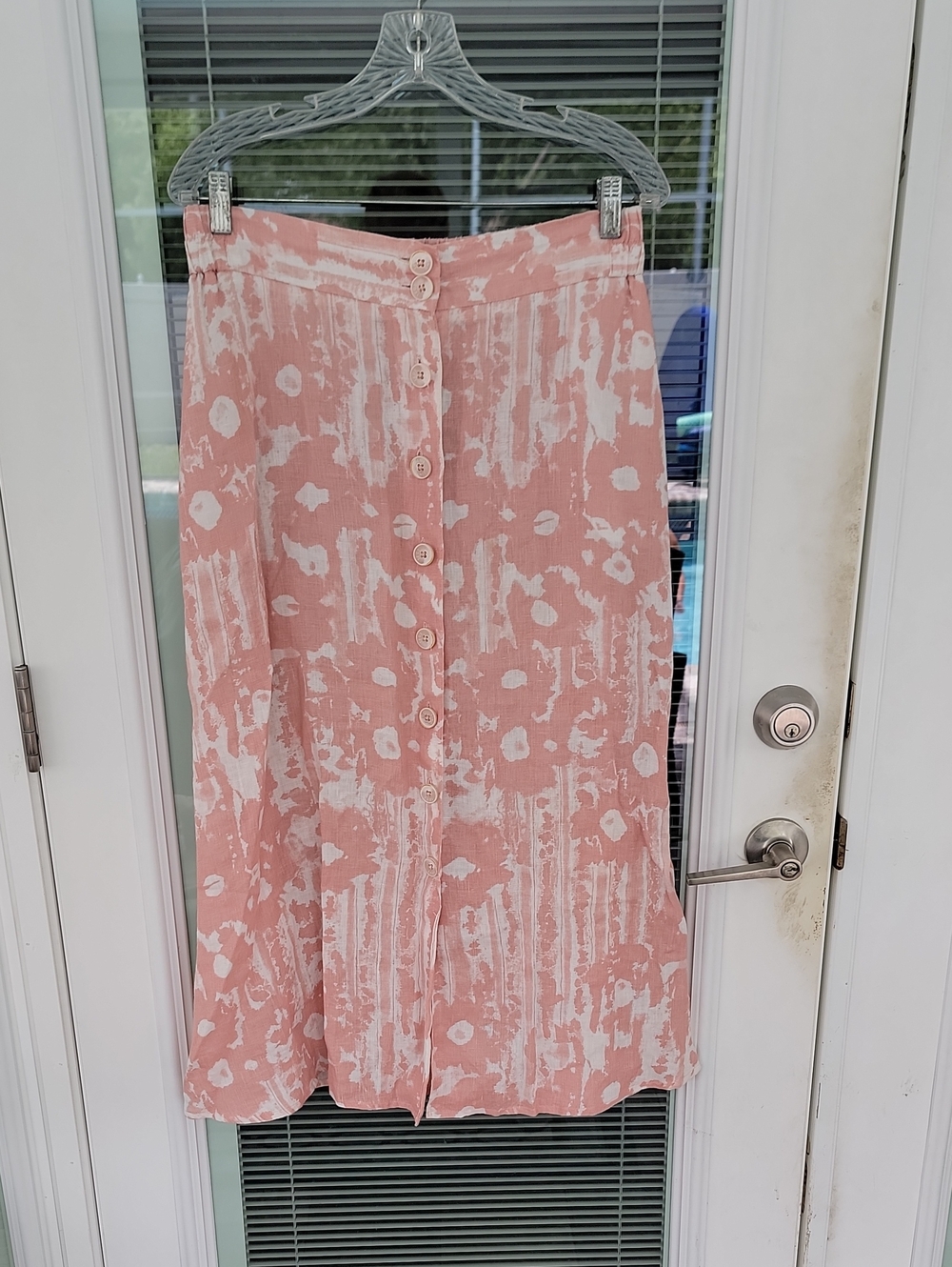 120% Lino Flax Linen Midi Skirt Sz L Has Pockets Elastic Waist Abstract Floral - Picture 3 of 12